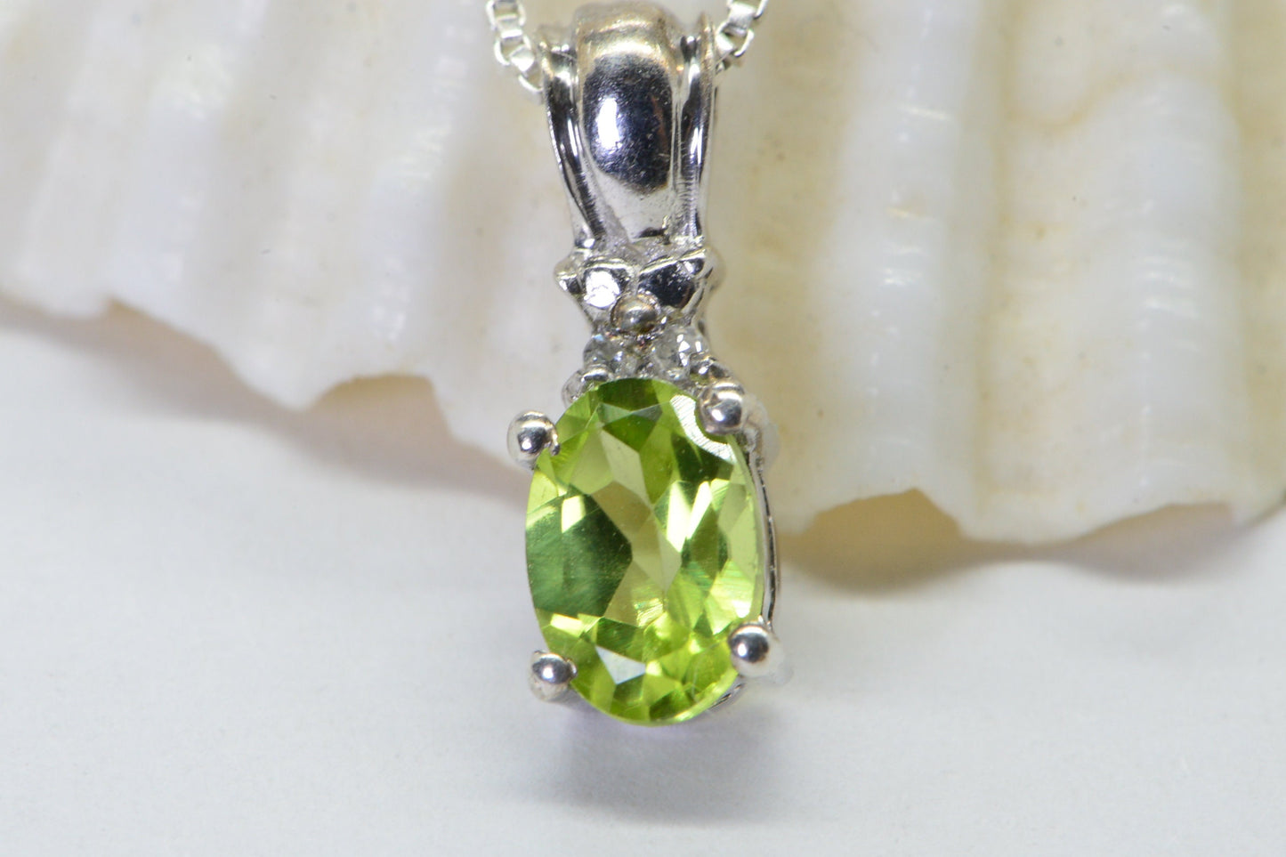 Extra small Natural Peridot and Diamond Pendant Oval Style Sterling Silver   Birthstone Jewelry