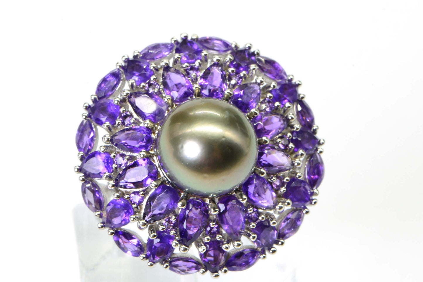 Tahitian Black Pearl Multi Rows Amethyst Halo Style  Sterling Silver Ring Fancy Basket Ring