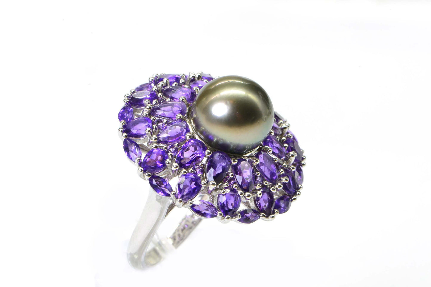 Tahitian Black Pearl Multi Rows Amethyst Halo Style  Sterling Silver Ring Fancy Basket Ring