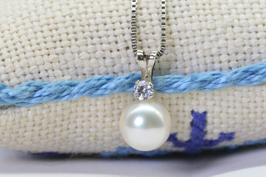 8mm White Freshwater Pearl Pendant Necklace - Sterling Silver, July Birthstone