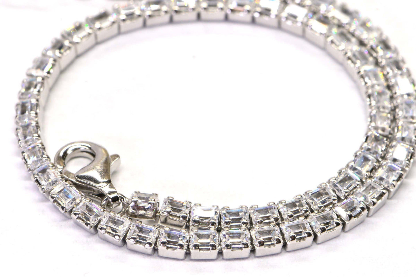 Emerald Cut Zircon Tennis Bracelet, Sterling Silver Layering Bracelet
