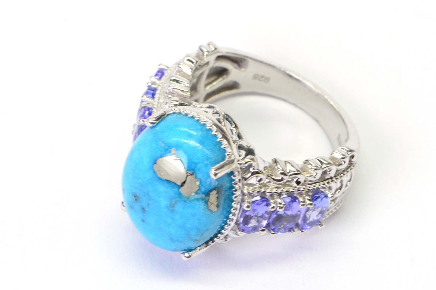 Sleeping Beauty Turquoise Ring, Tanzanite Sterling Silver Filigree Design