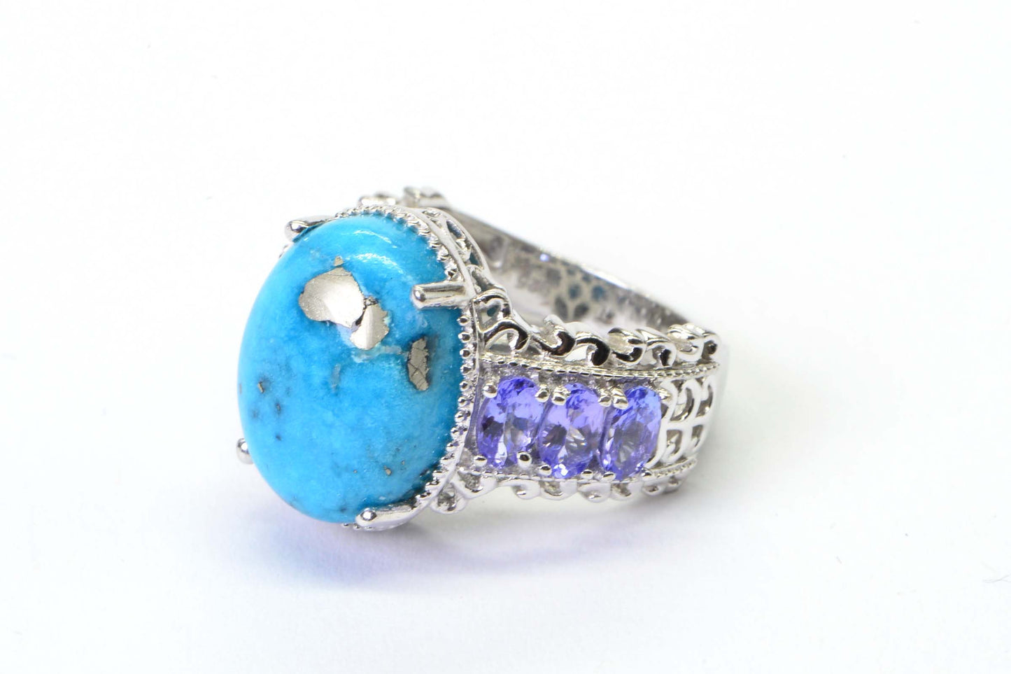 Sleeping Beauty Turquoise Ring, Tanzanite Sterling Silver Filigree Design