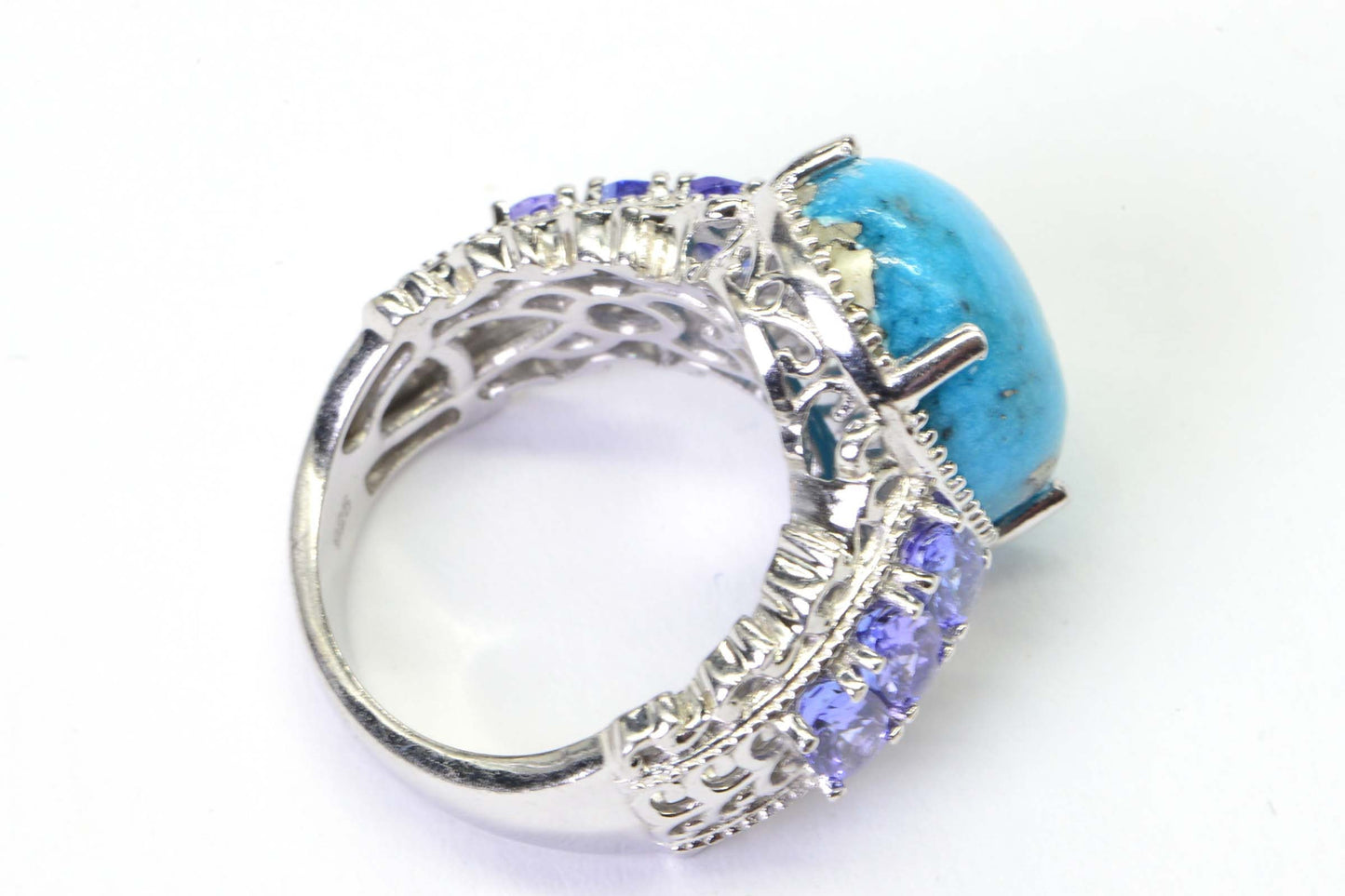 Sleeping Beauty Turquoise Ring, Tanzanite Sterling Silver Filigree Design