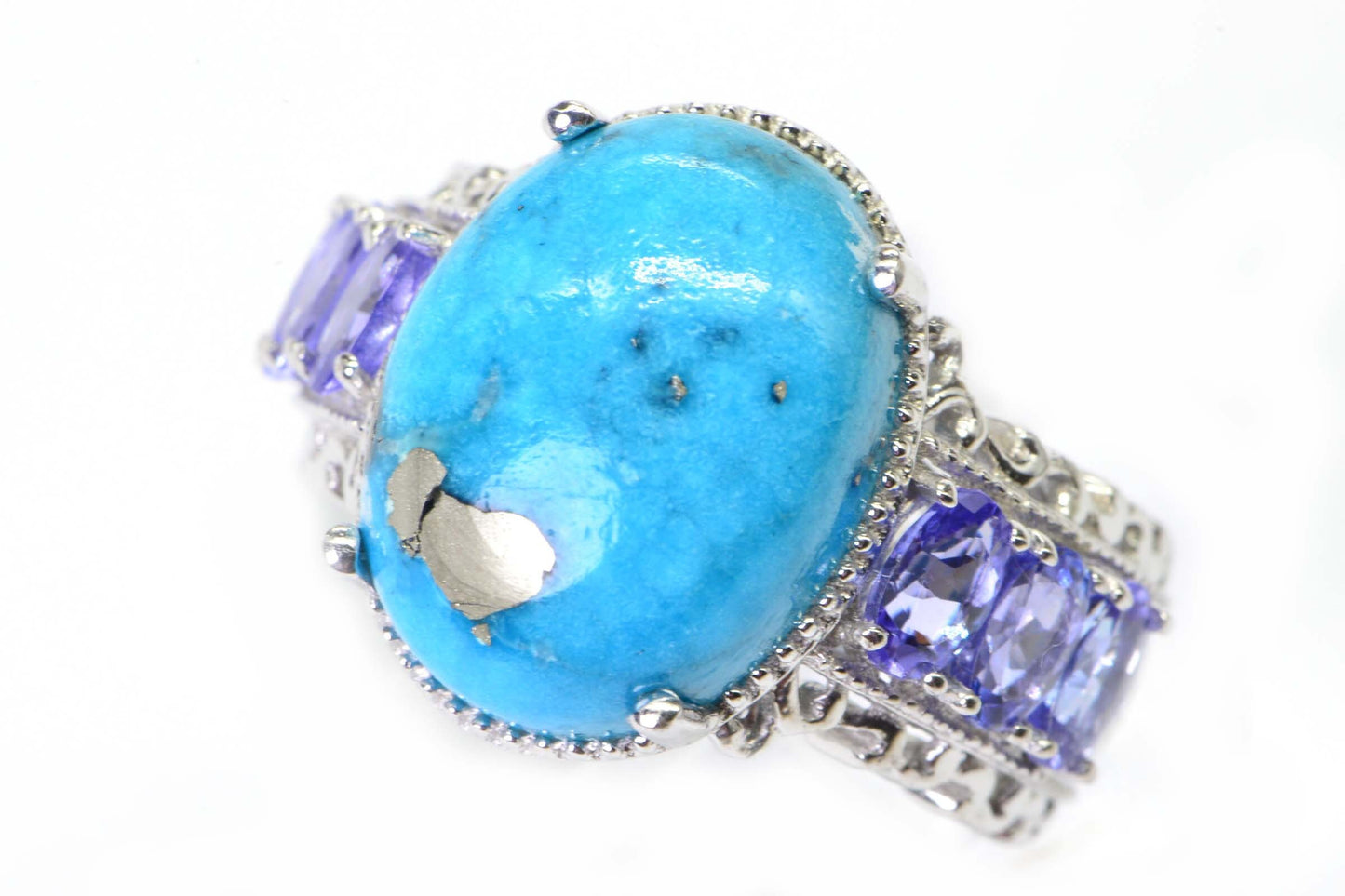 Sleeping Beauty Turquoise Ring, Tanzanite Sterling Silver Filigree Design