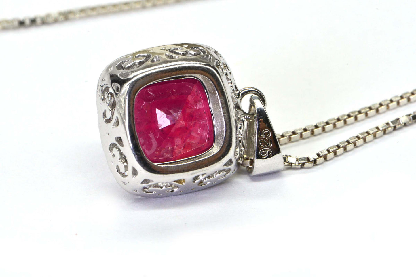 Genuine Ruby Cushion Pendant Halo Diamond Accent  Sterling Silver Necklace  Birthstone July