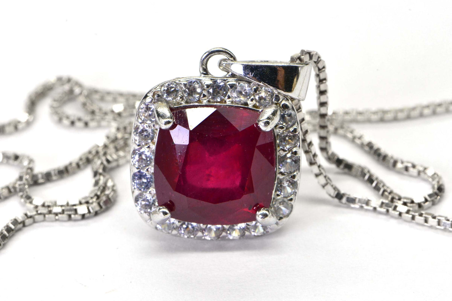 Genuine Ruby Cushion Pendant Halo Diamond Accent  Sterling Silver Necklace  Birthstone July