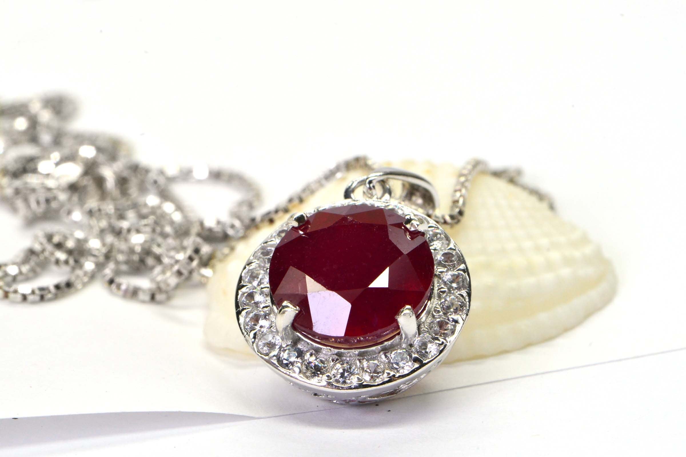 Natural Ruby Sterling Silver Halo Pendant Necklace: July Birthstone