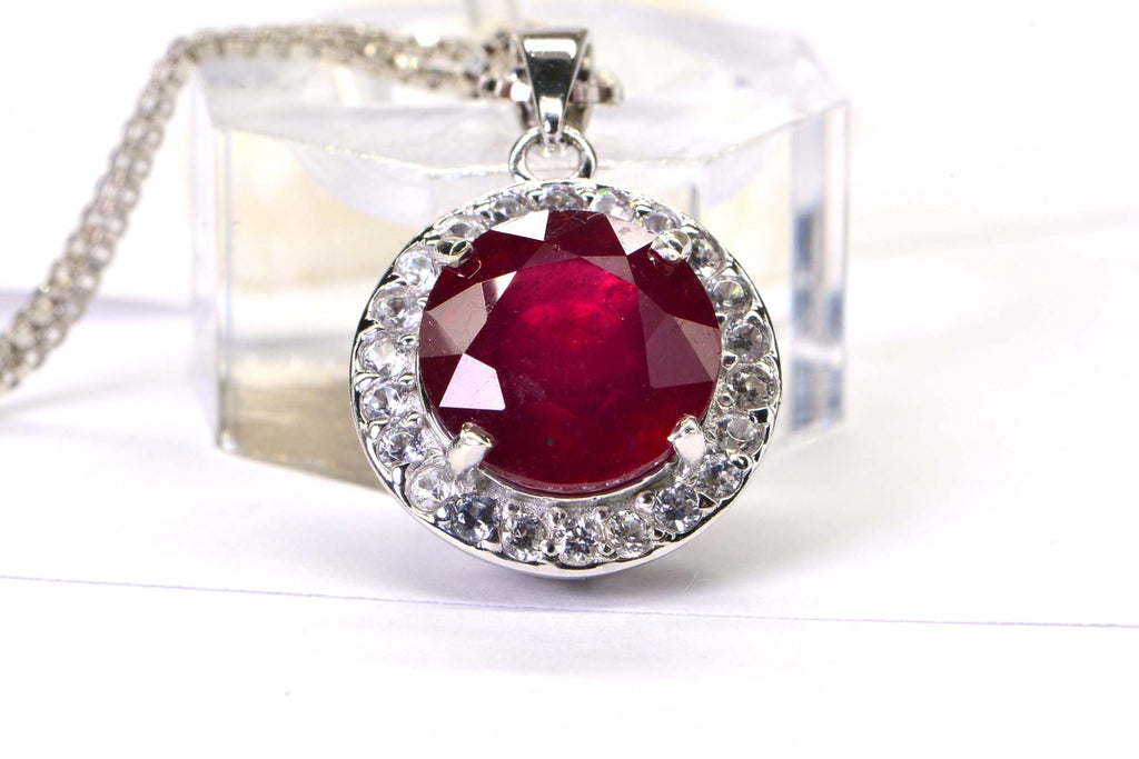 Natural Ruby Sterling Silver Halo Pendant Necklace: July Birthstone