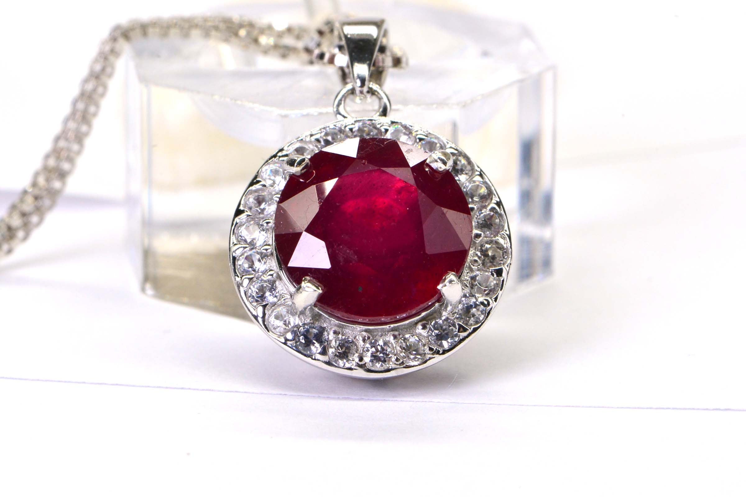 Natural Ruby Sterling Silver Halo Pendant Necklace: July Birthstone