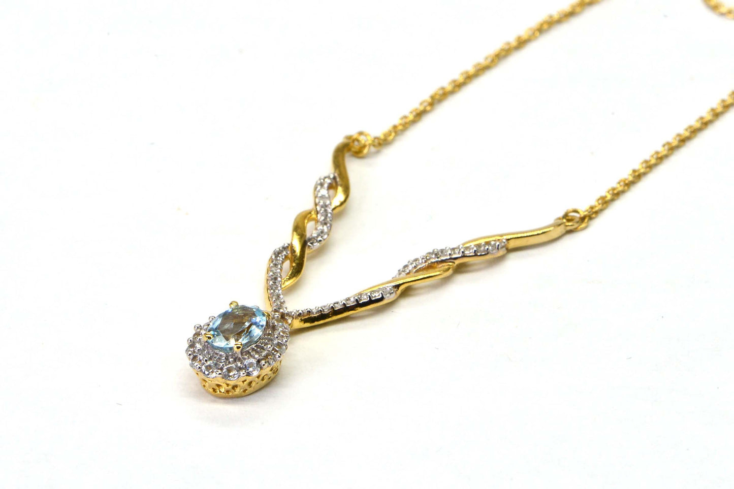 Aquamarine Lariat Necklace, 14k Yellow Gold Halo, Zircon Accent