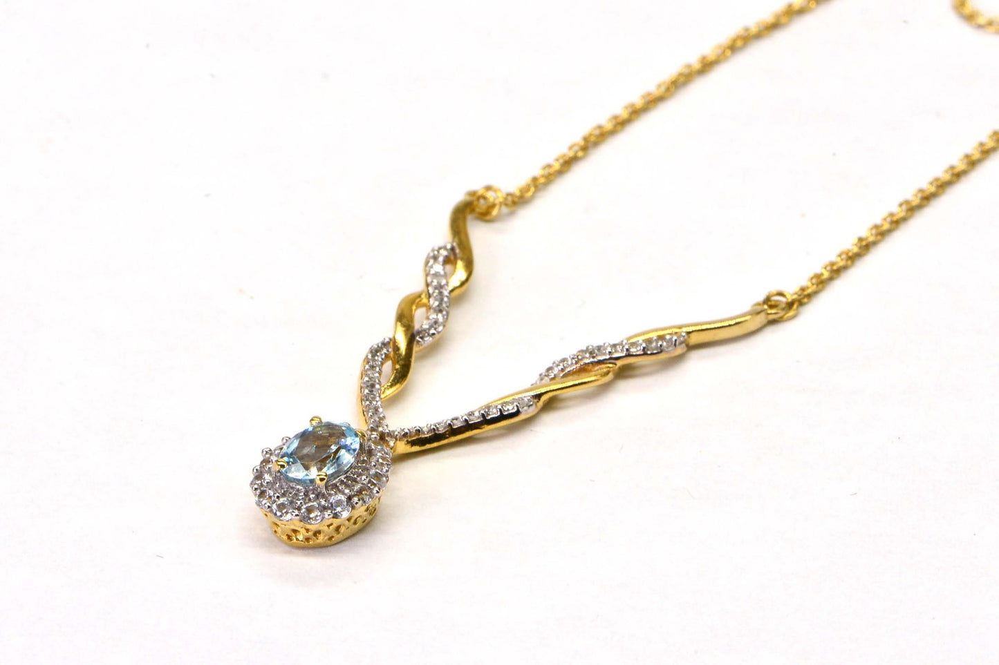 Aquamarine Lariat Necklace, 14k Yellow Gold Halo, Zircon Accent