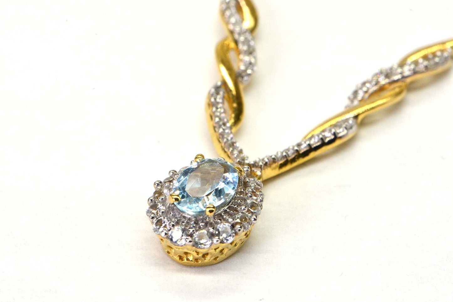 Aquamarine Lariat Necklace, 14k Yellow Gold Halo, Zircon Accent