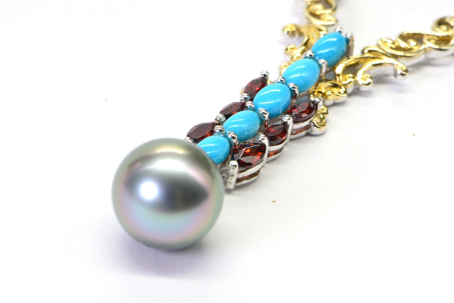 Tahitian Cultured Black Pearl Arizona Turquoise  Sleeping Beauty Garnet Multi Gemstone Necklace