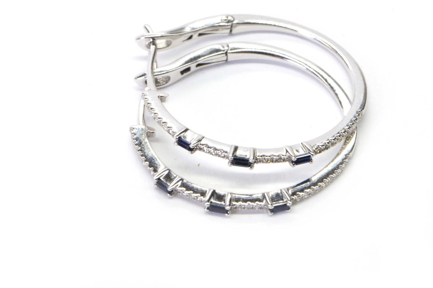 Sapphire Diamond Hoop Earrings, 14K White Gold Lever Back
