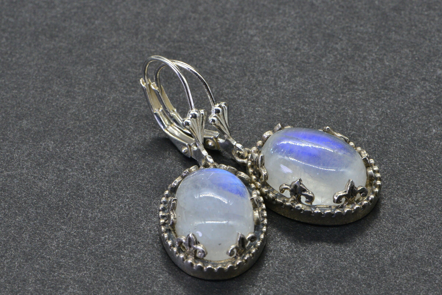Blue Flash Moonstone Earrings, Sterling Silver Oval Leverback Drops