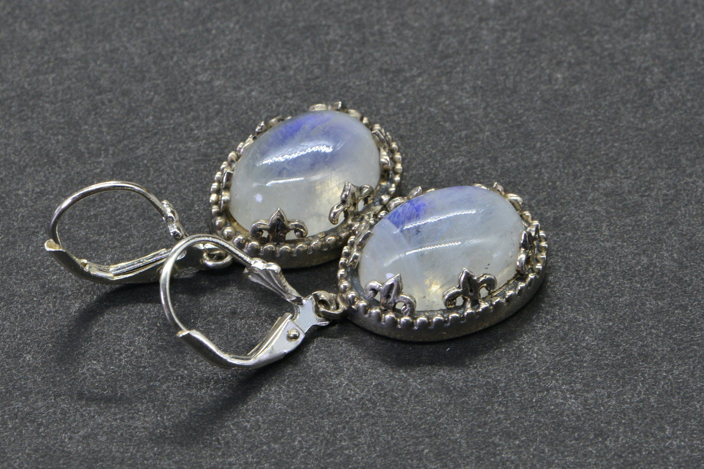 Blue Flash Moonstone Earrings, Sterling Silver Oval Leverback Drops