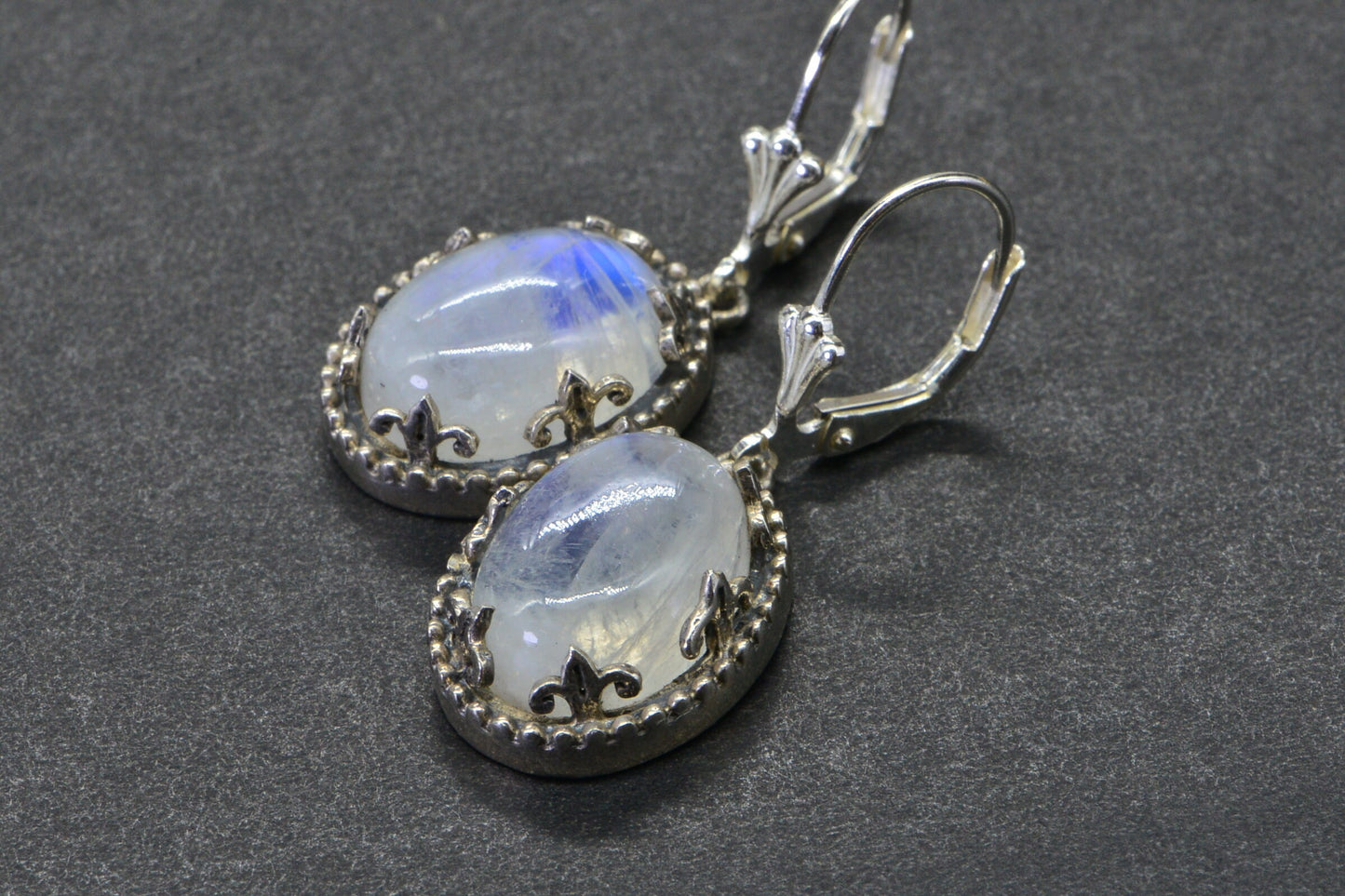 Blue Flash Moonstone Earrings, Sterling Silver Oval Leverback Drops