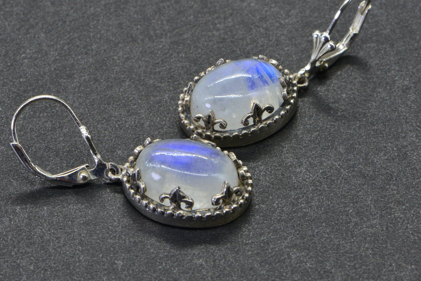 Blue Flash Moonstone Earrings, Sterling Silver Oval Leverback Drops