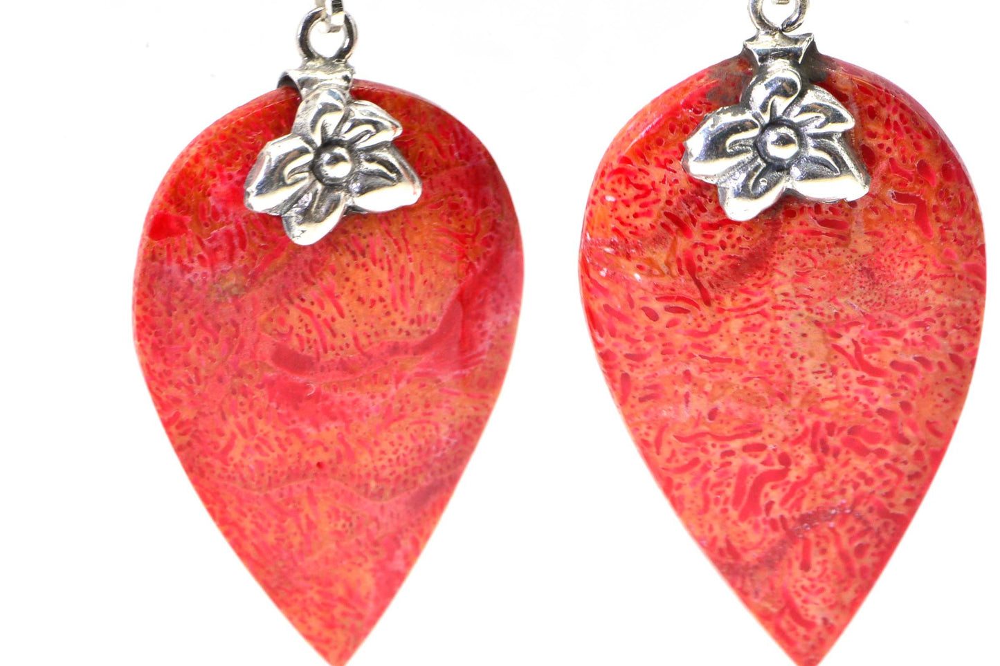 Coral Red Leaf Earrings, Sterling Silver Flower Design