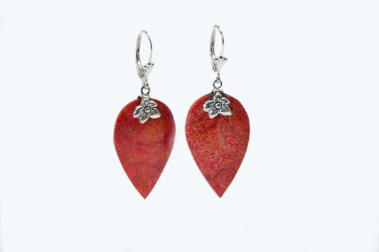 Coral Red Leaf Earrings, Sterling Silver Flower Design
