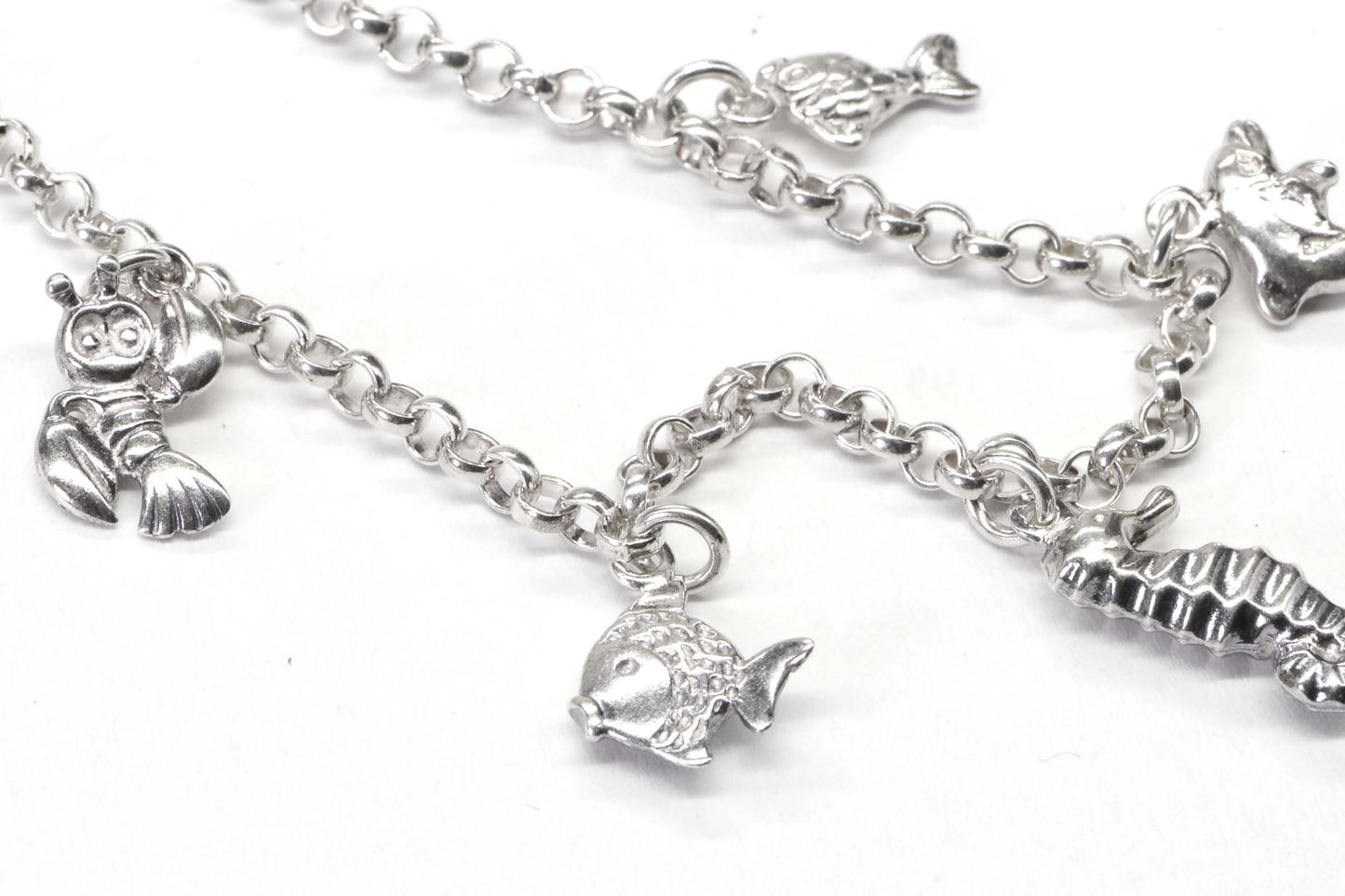 Sterling Silver Sea Animal Charm Bracelet, Rolo Chain