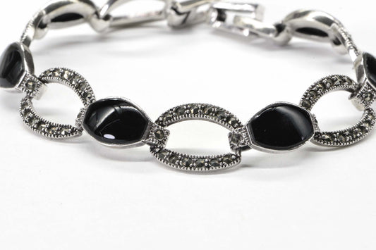 Black Onyx Oval Link Bezel Setting In Sterling Silver Bracelet