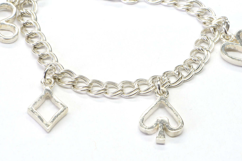 Playing Cards Symbols Charms Bracelet  Sterling Silver Cuban double Chain Bracelet