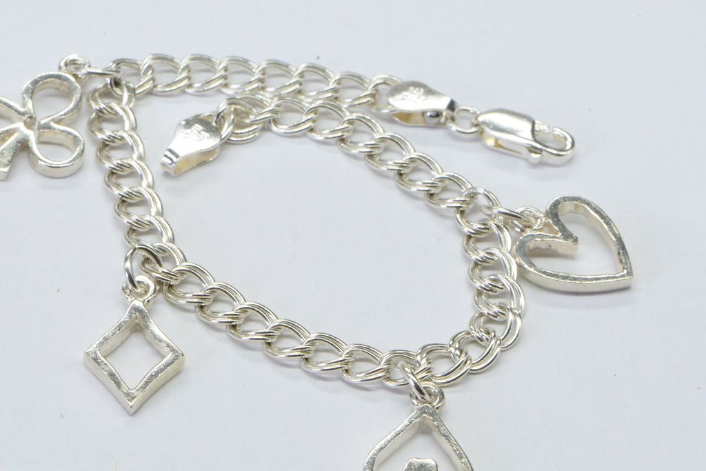 Playing Cards Symbols Charms Bracelet  Sterling Silver Cuban double Chain Bracelet