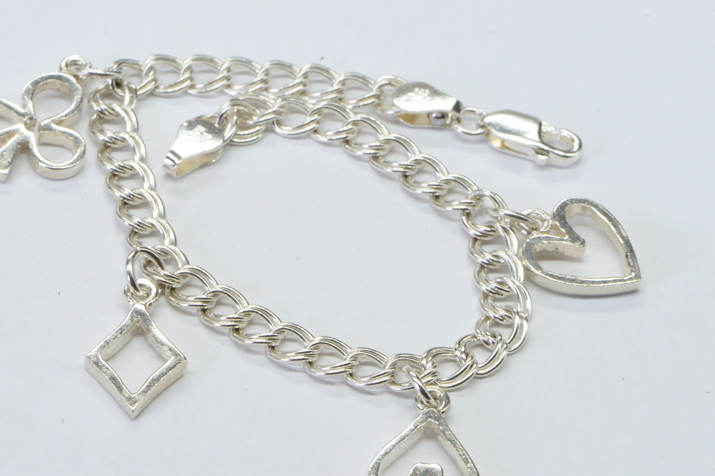 Playing Cards Symbols Charms Bracelet  Sterling Silver Cuban double Chain Bracelet
