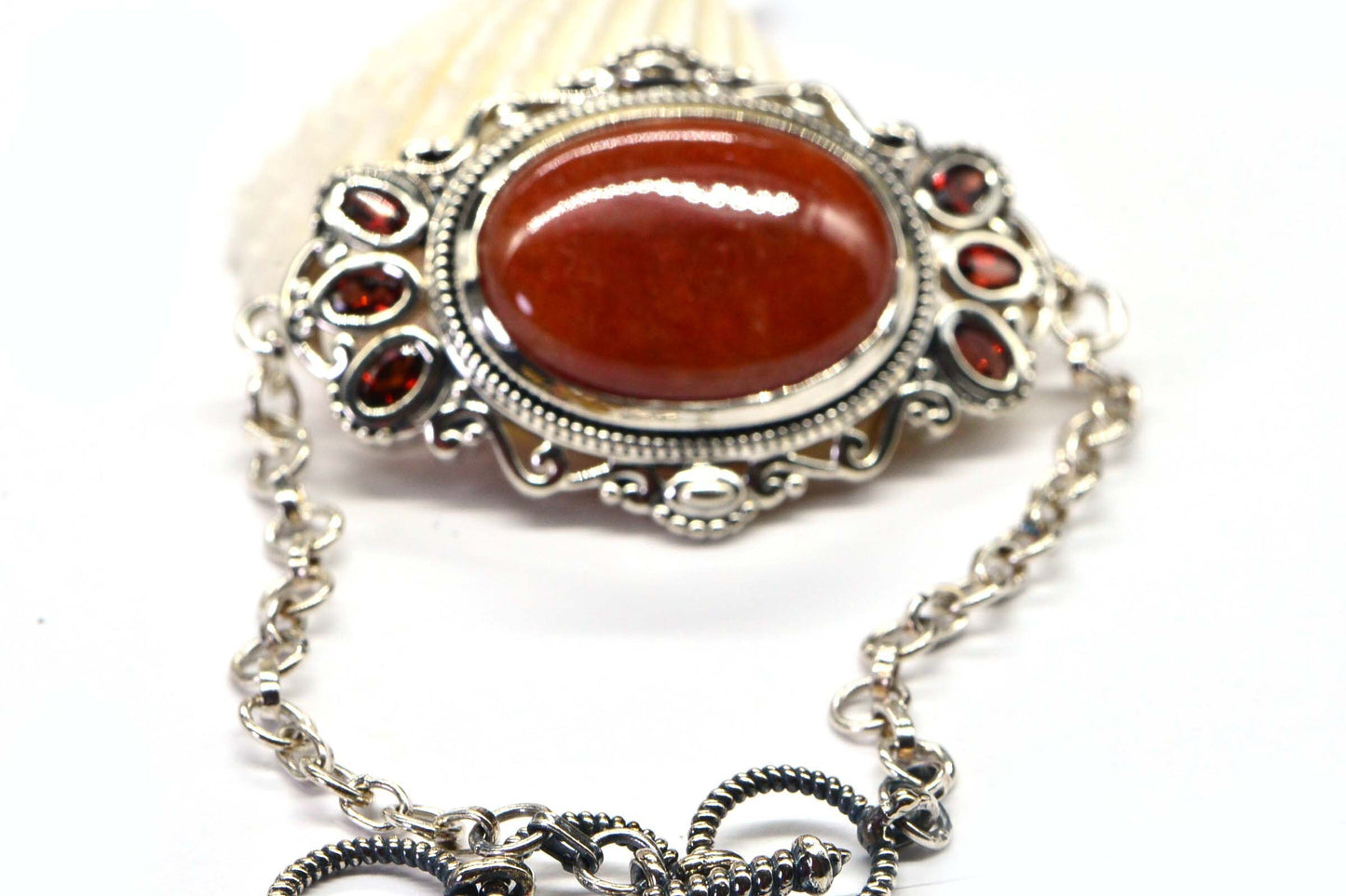Red Jade Garnet Sterling Silver Bracelet: Oval Gemstone Design