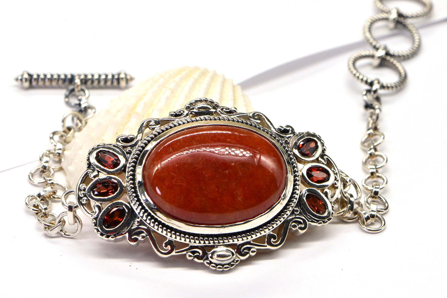 Red Jade Garnet Sterling Silver Bracelet: Oval Gemstone Design