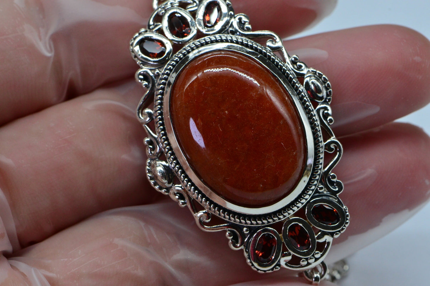 Red Jade Garnet Sterling Silver Bracelet: Oval Gemstone Design
