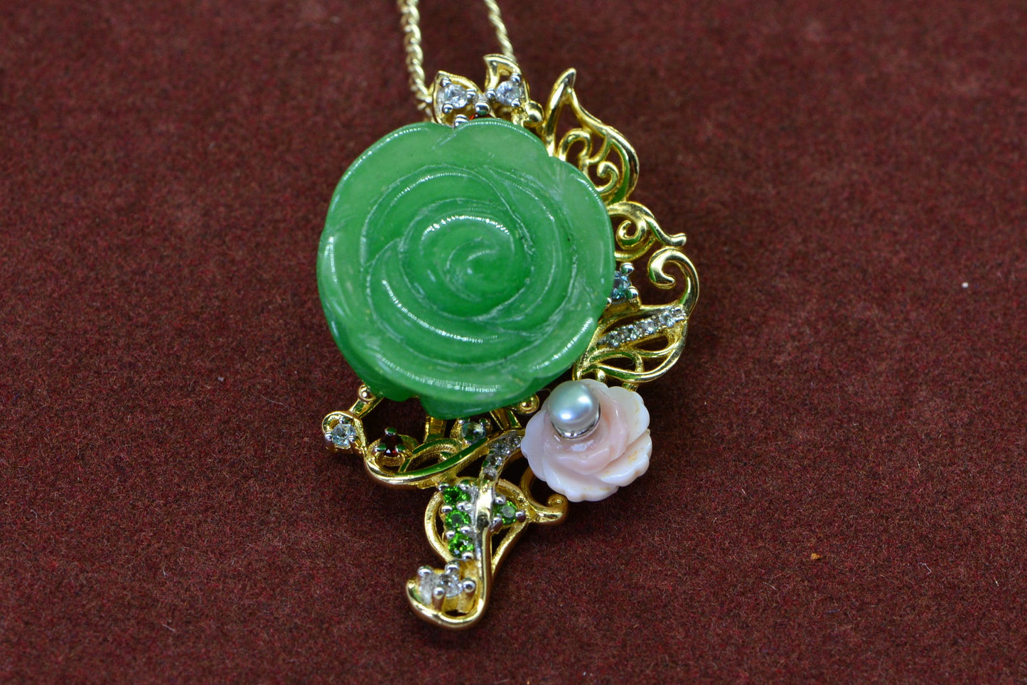Green Jade Carved Rose Pendant, 14K Gold Over Sterling Silver