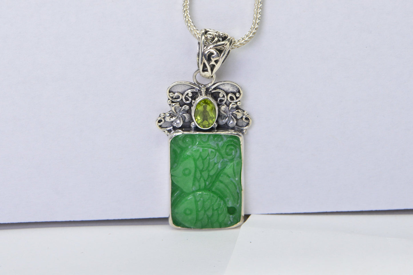 Apple Green Jade Carved Fish Pendant, Sterling Silver Peridot Necklace