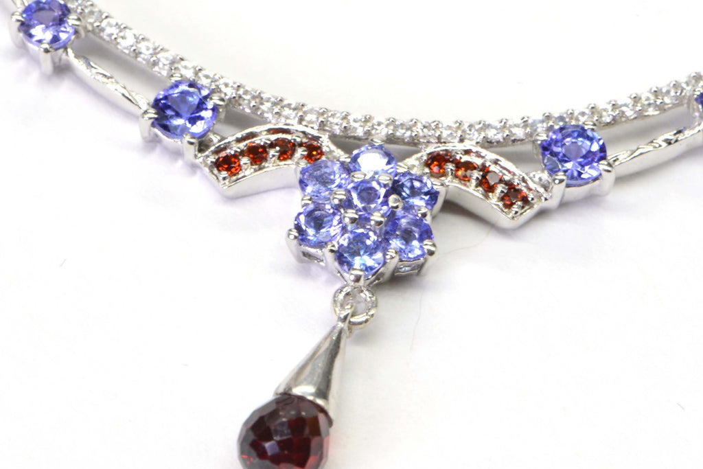 Tanzanite Garnet Sterling Silver Crescent Necklace: CZ Accent