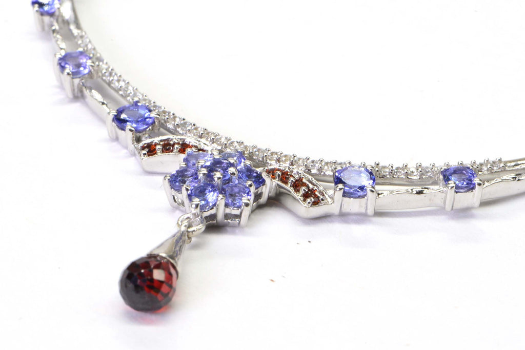 Tanzanite Garnet Sterling Silver Crescent Necklace: CZ Accent