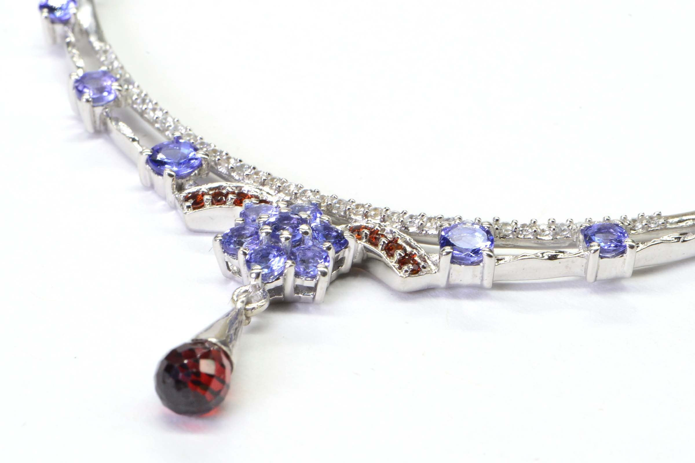 Tanzanite Garnet Sterling Silver Crescent Necklace: CZ Accent