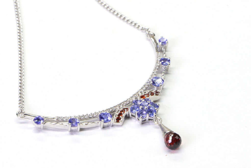 Tanzanite Garnet Sterling Silver Crescent Necklace: CZ Accent