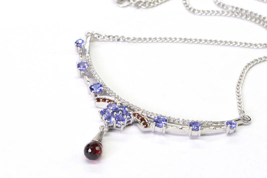 Tanzanite Garnet Sterling Silver Crescent Necklace: CZ Accent