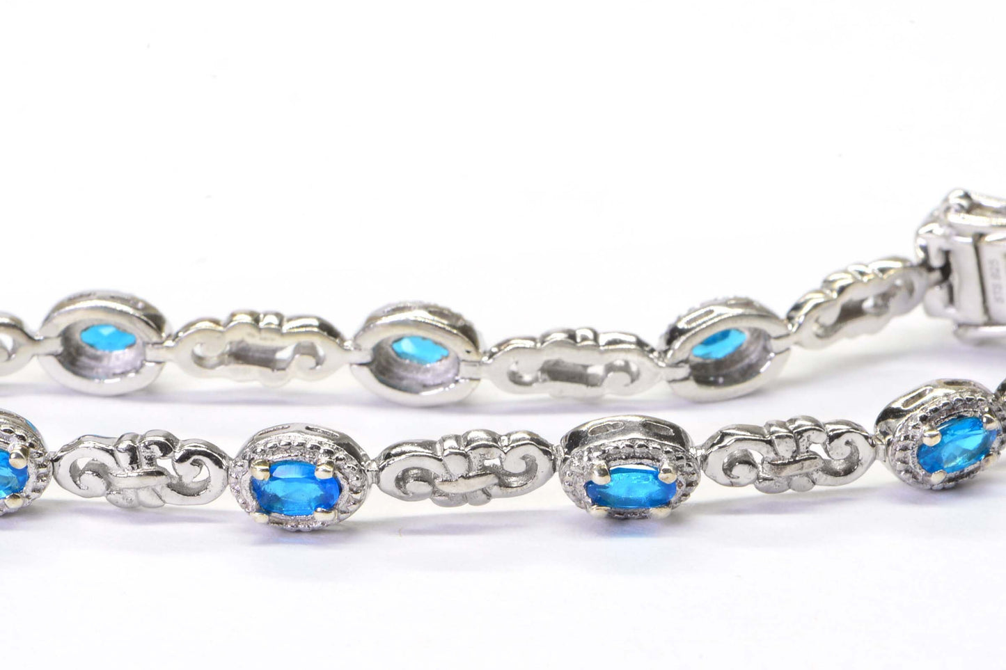 Neon Blue Apatite Sterling Silver Tennis Bracelet Chain Link  Gemstone Bracelet Vintage Jewelry