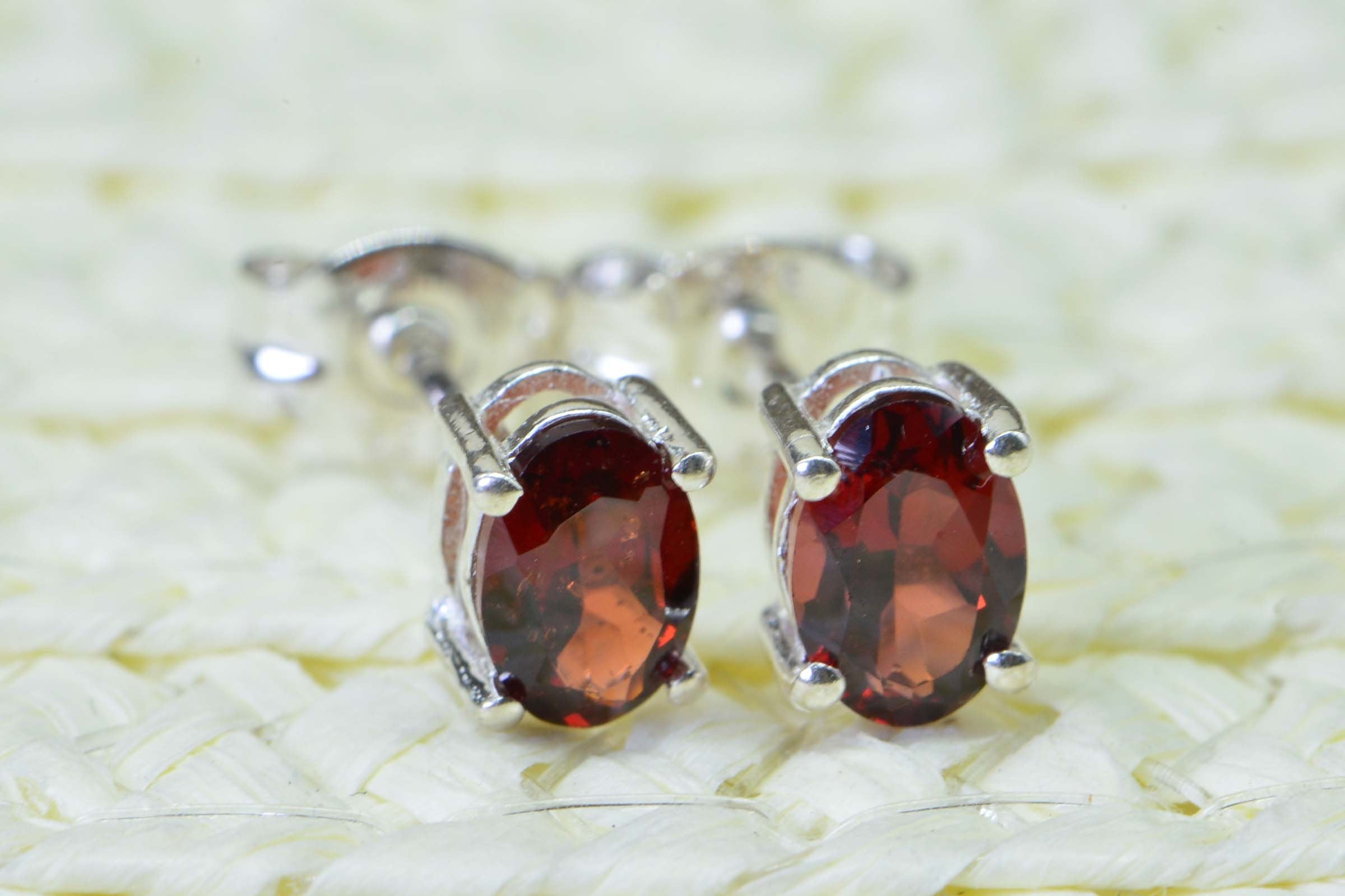 Natural Garnet Oval Stud Earrings Tiny Gemstone Post Earrings Sterling Silver Birthstone January