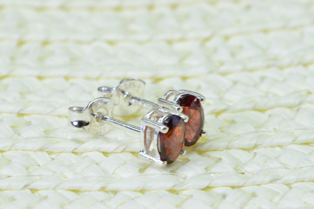 Natural Garnet Oval Stud Earrings Tiny Gemstone Post Earrings Sterling Silver Birthstone January