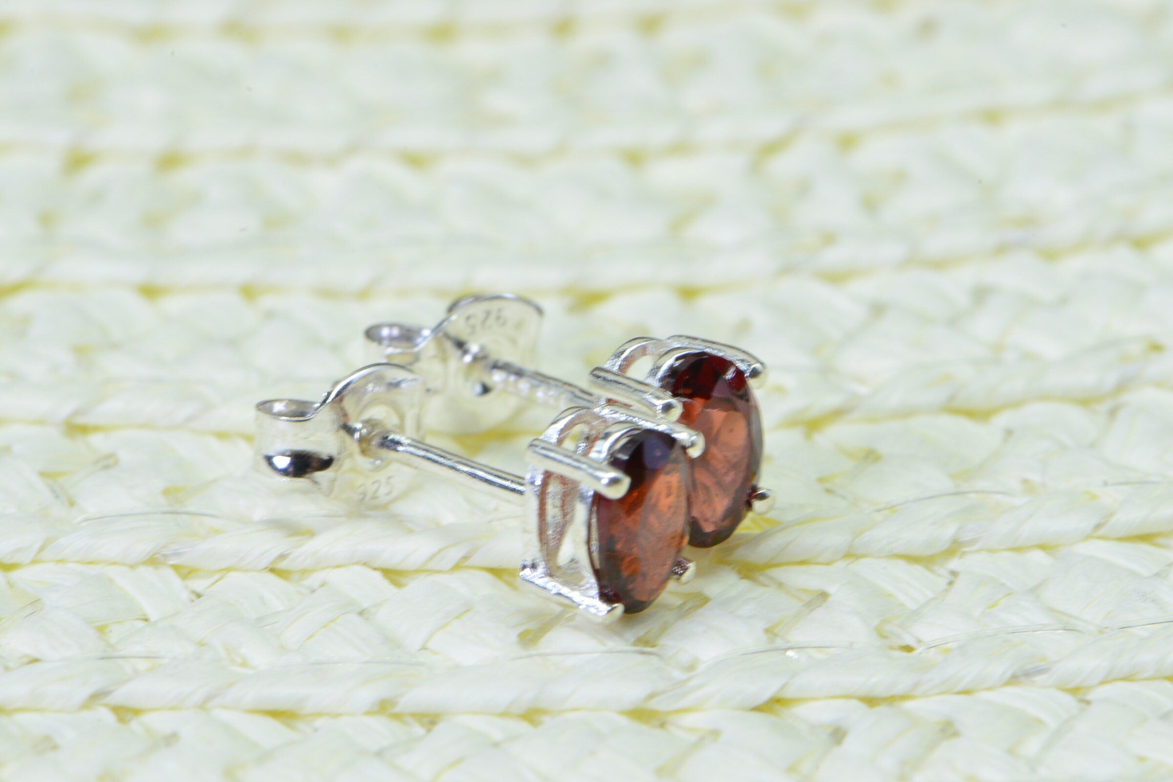 Natural Garnet Oval Stud Earrings Tiny Gemstone Post Earrings Sterling Silver Birthstone January