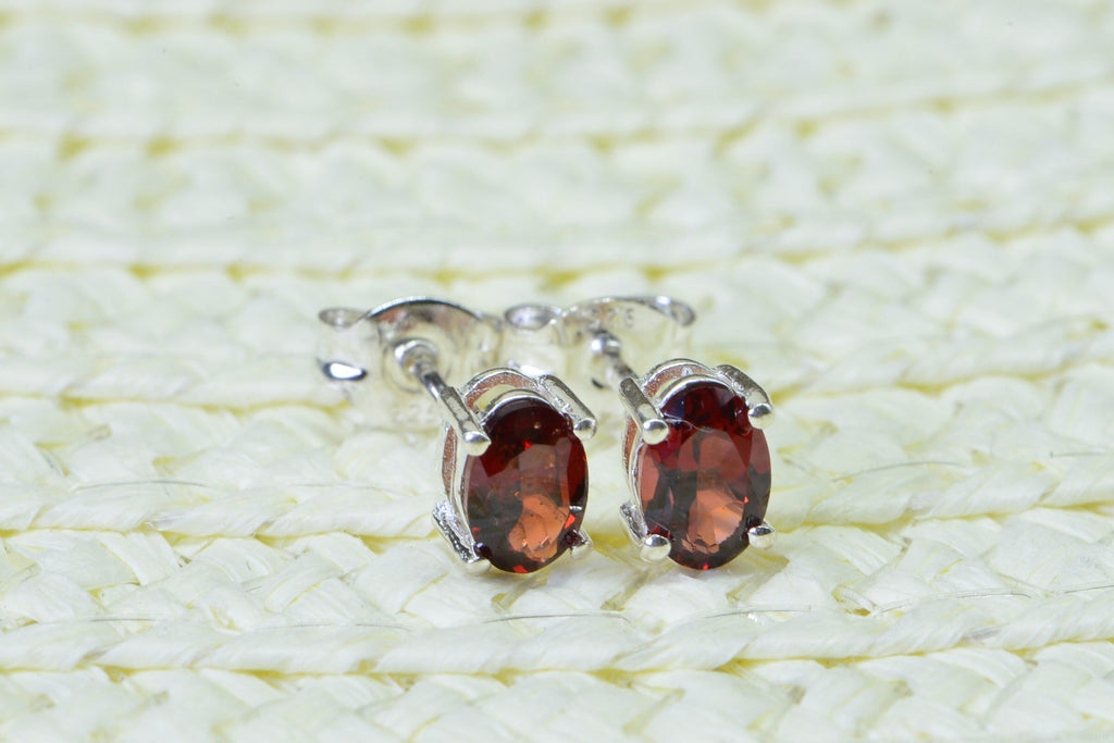 Natural Garnet Oval Stud Earrings Tiny Gemstone Post Earrings Sterling Silver Birthstone January