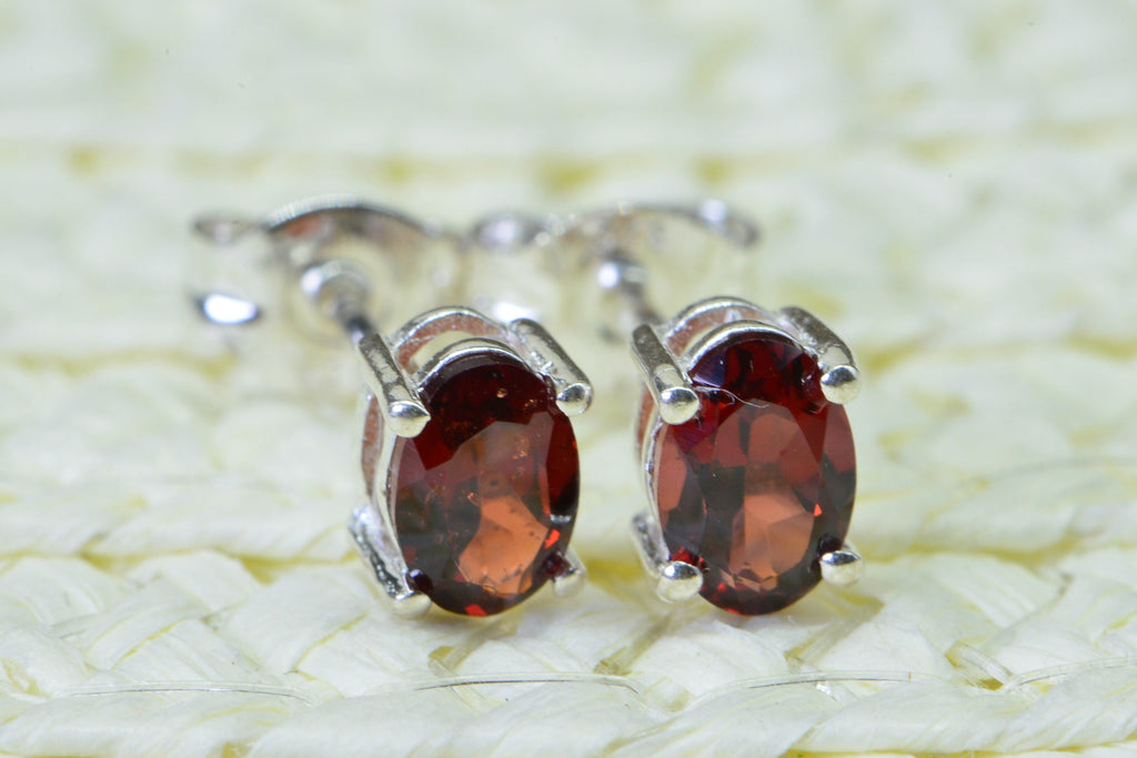 Natural Garnet Oval Stud Earrings Tiny Gemstone Post Earrings Sterling Silver Birthstone January