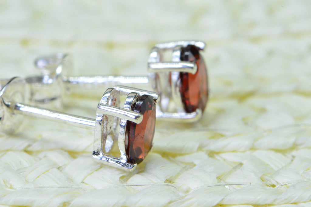 Natural Garnet Oval Stud Earrings Tiny Gemstone Post Earrings Sterling Silver Birthstone January