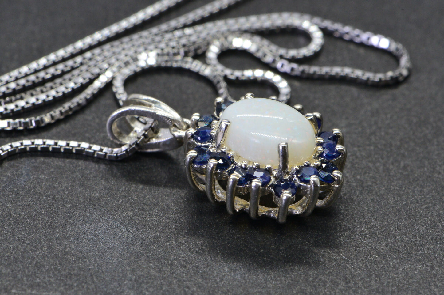 Australian White Opal Pendant Halo Sapphire Small Pendant Necklace 18 Inch Sterling Silver