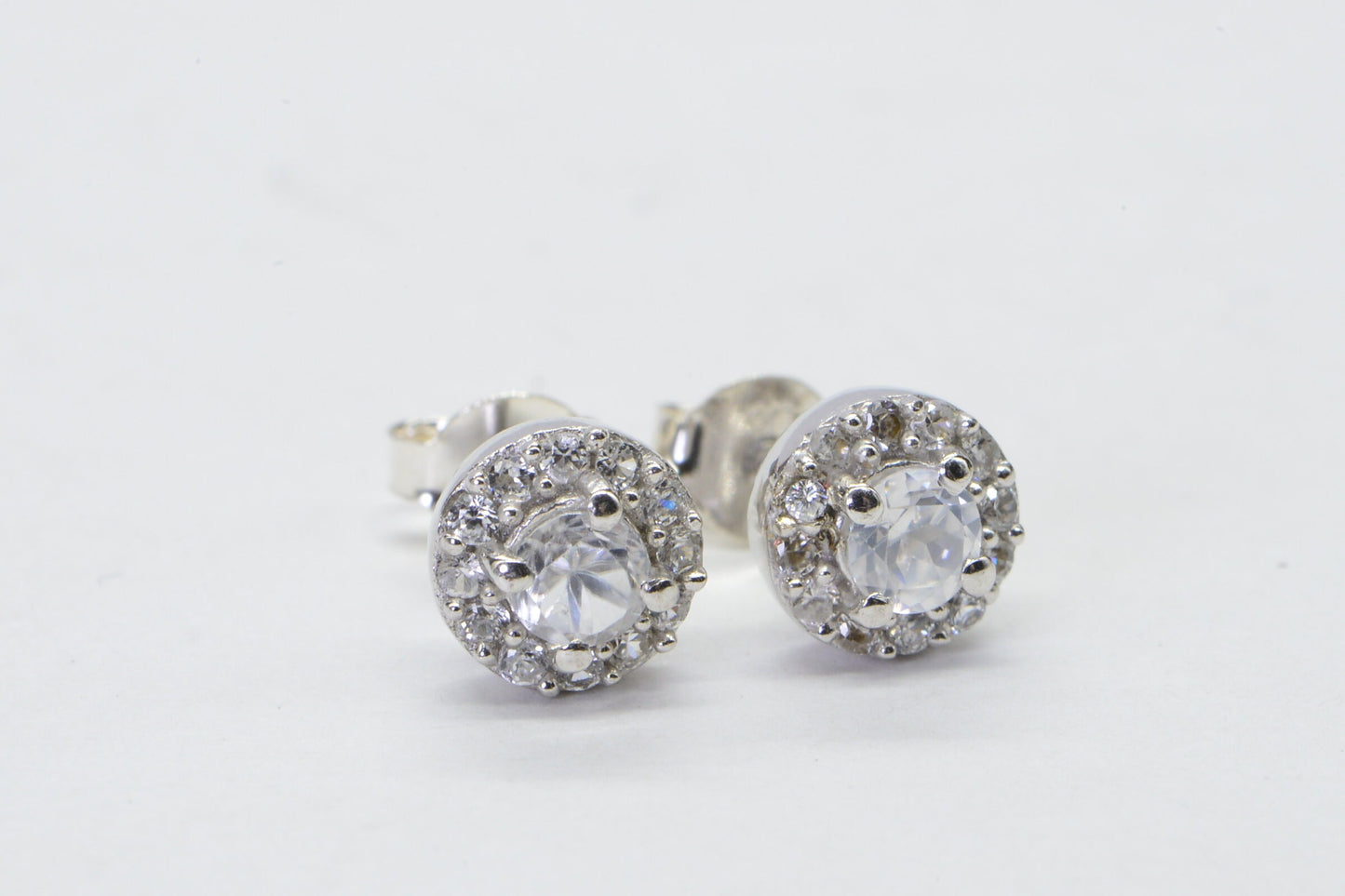 Halo Diamond Stud Earrings 14K White Gold Over Sterling Silver Bridal Gift  Vintage Earrings