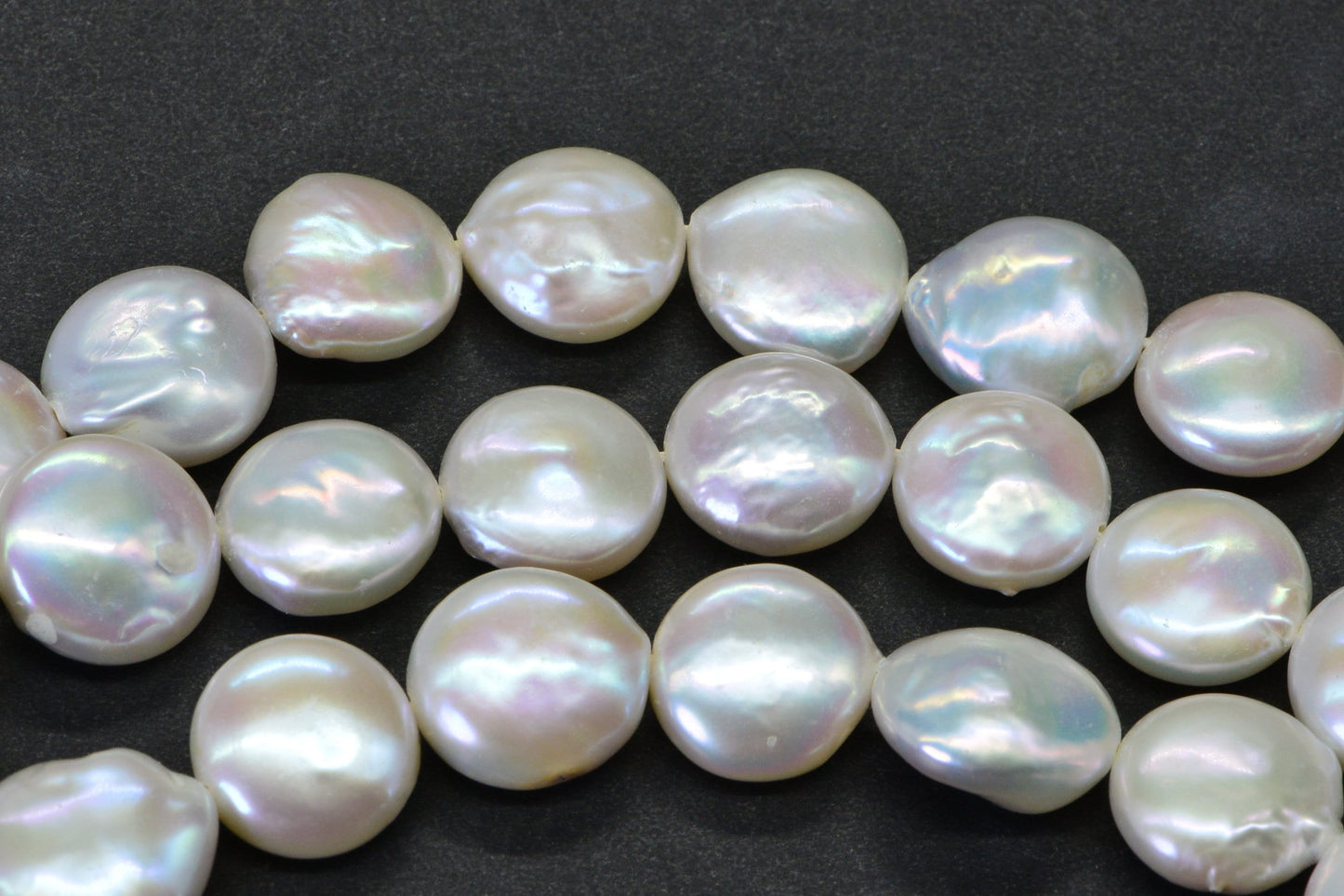 13mm White Coin Pearl Strand: Iridescent Freshwater Beads